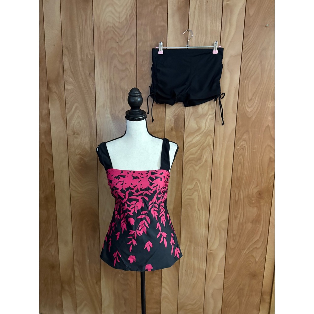 Floral Tankini Swimsuit Set Black Pink Square Neck Top and Side Tie Shorts S